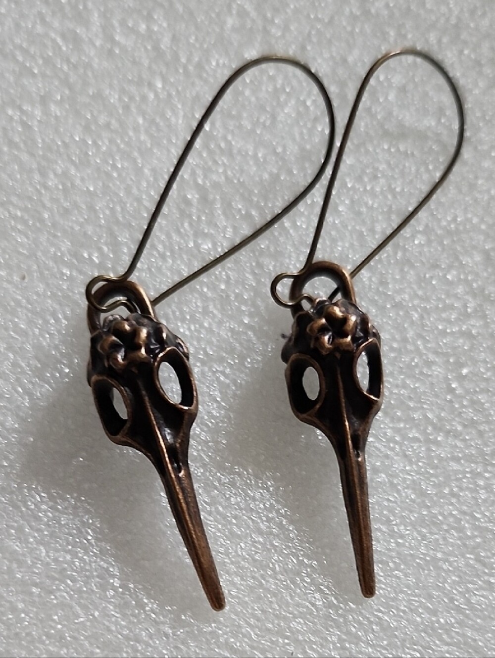 Hand Crafted Bronze Bird Skull Floral Drop Earrings